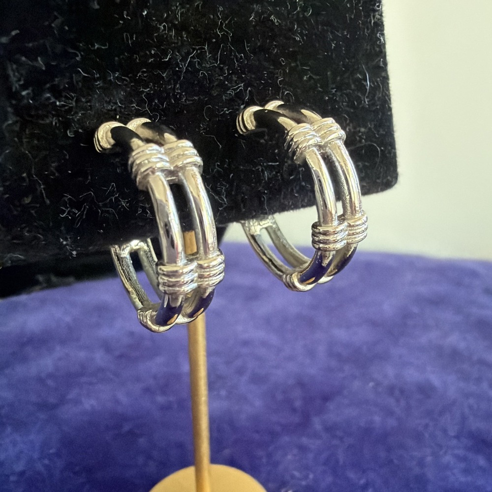 Vintage MCM Designer Signed CROWN TRIFARI Silver Tone Hoop Earrings